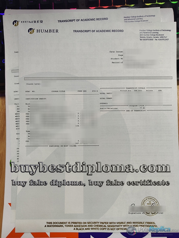 Humber College transcript