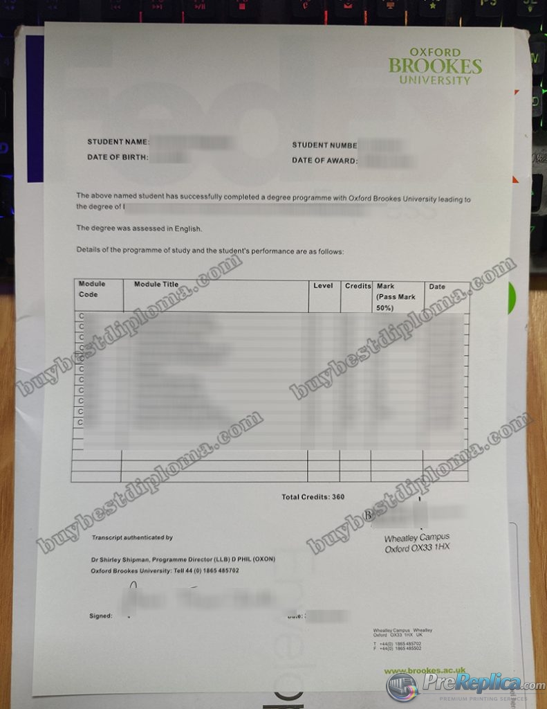 Oxford Brookes University transcript