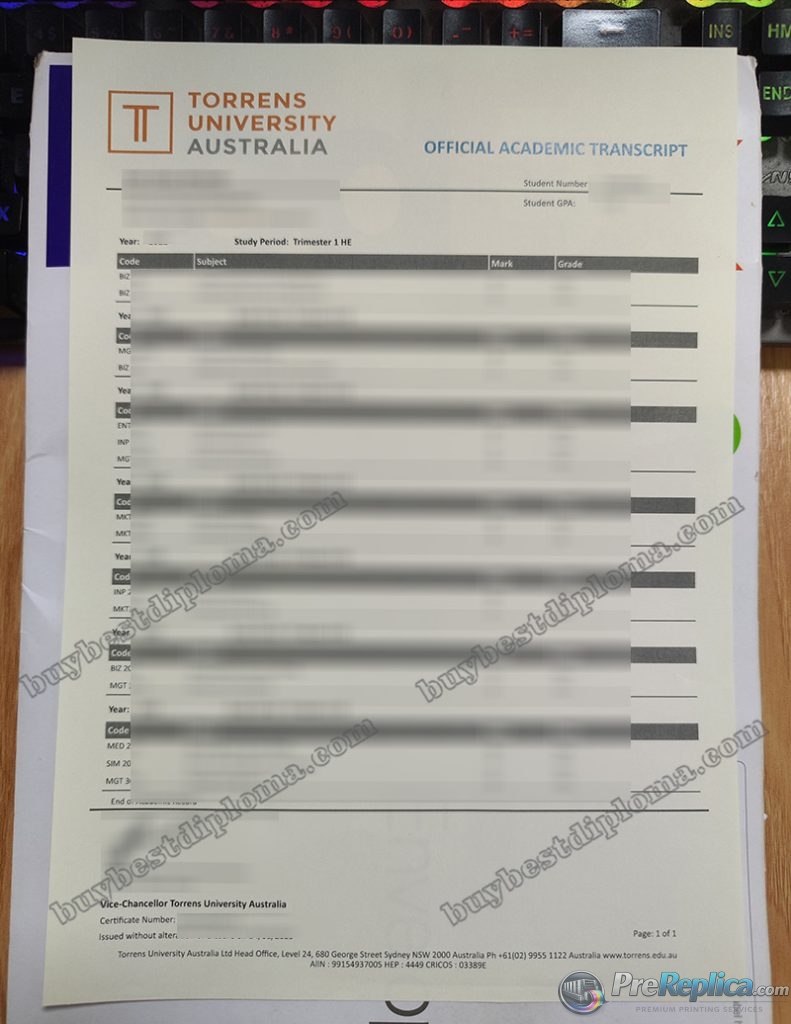 Torrens University transcript